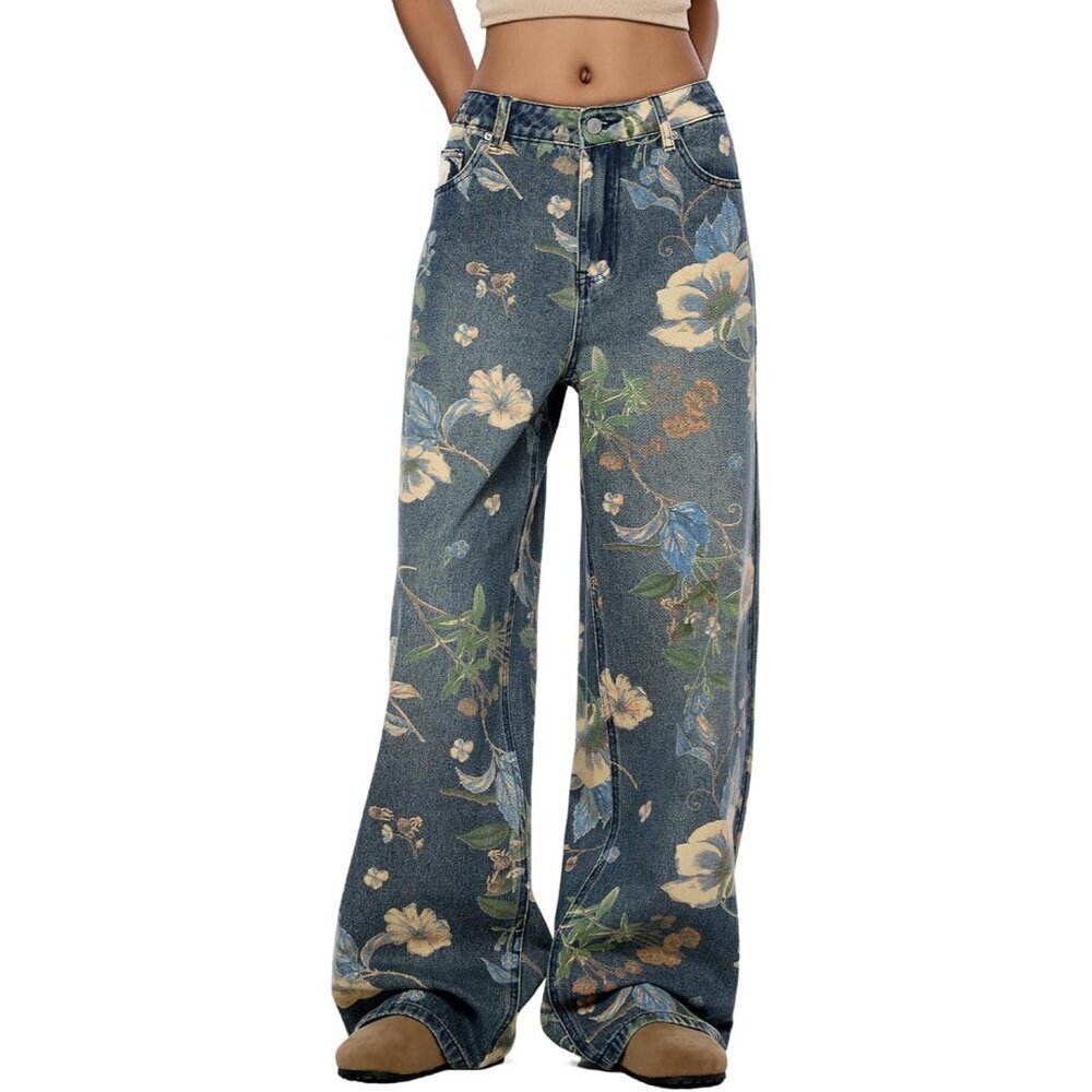 Women's High Waisted Wide Leg Jeans Cotton Floral Print Relaxed Fit Casual
